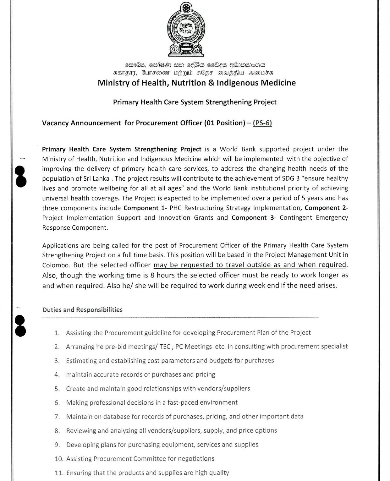 Procurement Officer - Ministry of Health, Nutrition & Indigenous Medicine